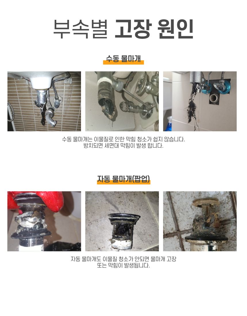 세면대 부속별 고장 원인 - 수동 물마개, 자동 물마개 팝업 이물질 막힘